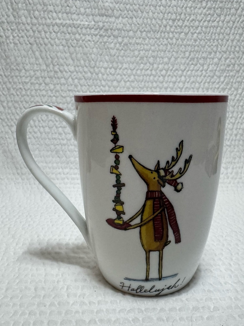 Festive Reindeer Ceramic Mug - White with Red Trim
